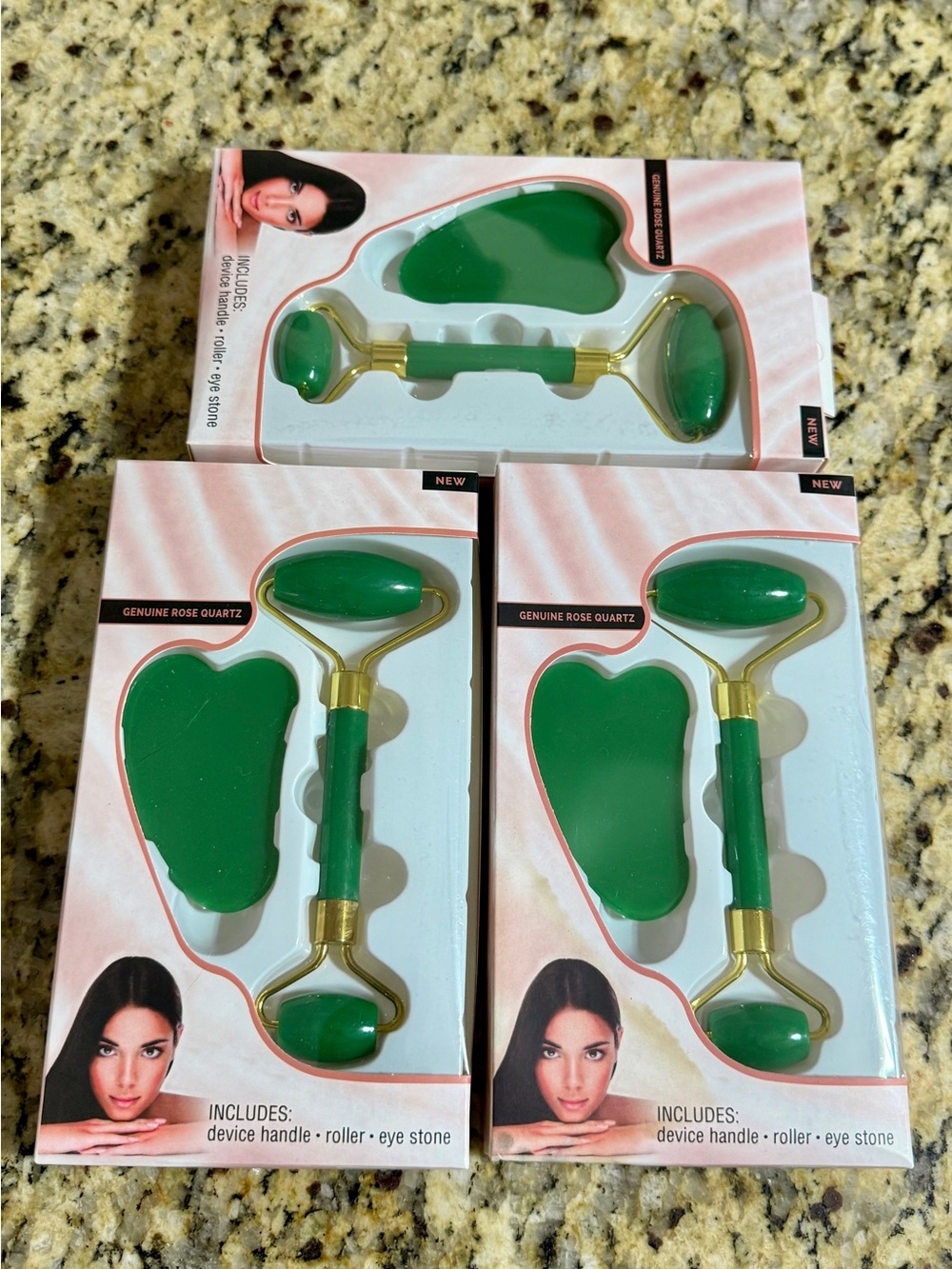 Genuine Rose Quartz Facial Roller & Gua Sha Set - Green